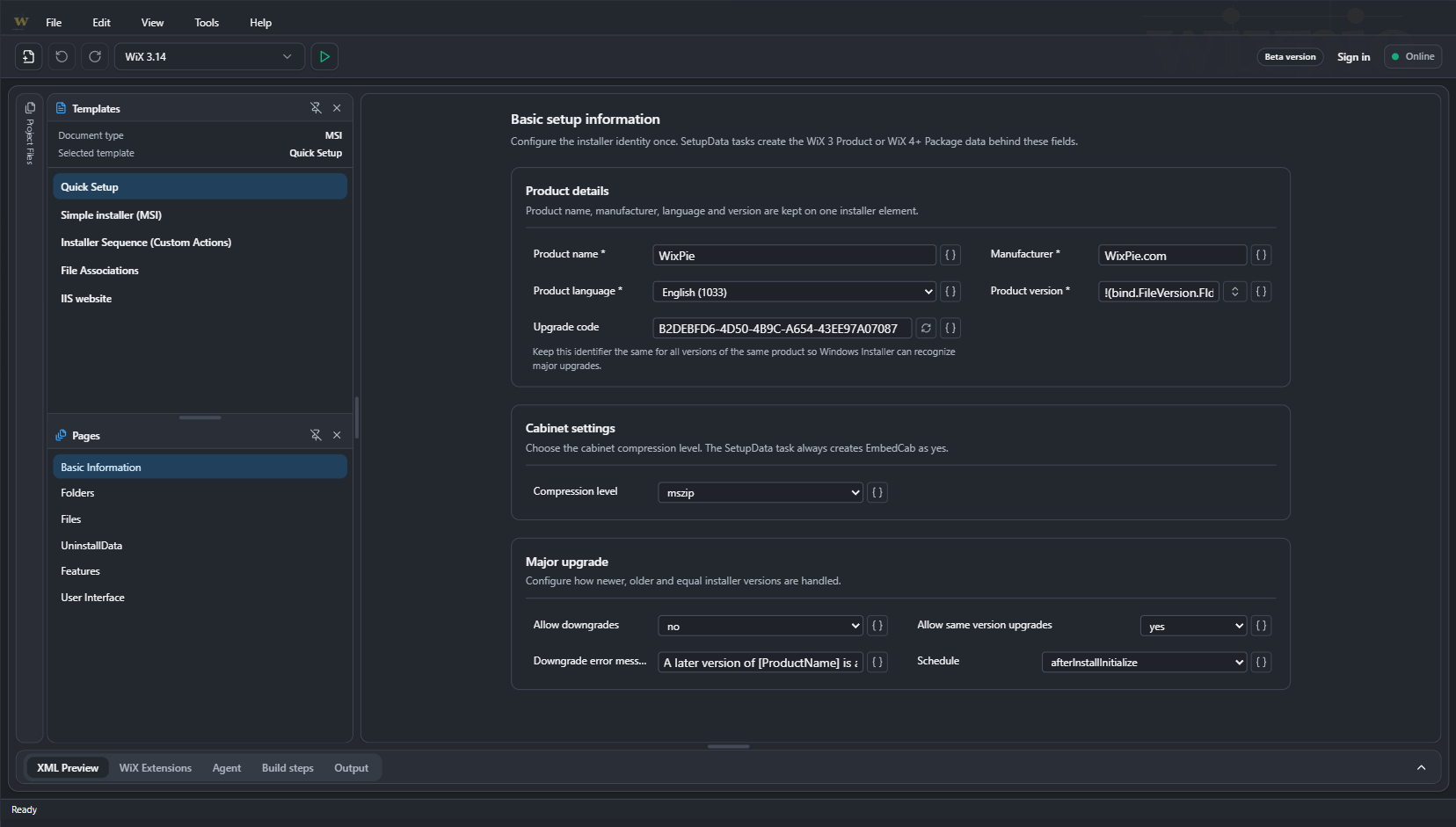 WixPie Quick Setup met productgegevens, cabinetinstellingen en opties voor major-upgrades