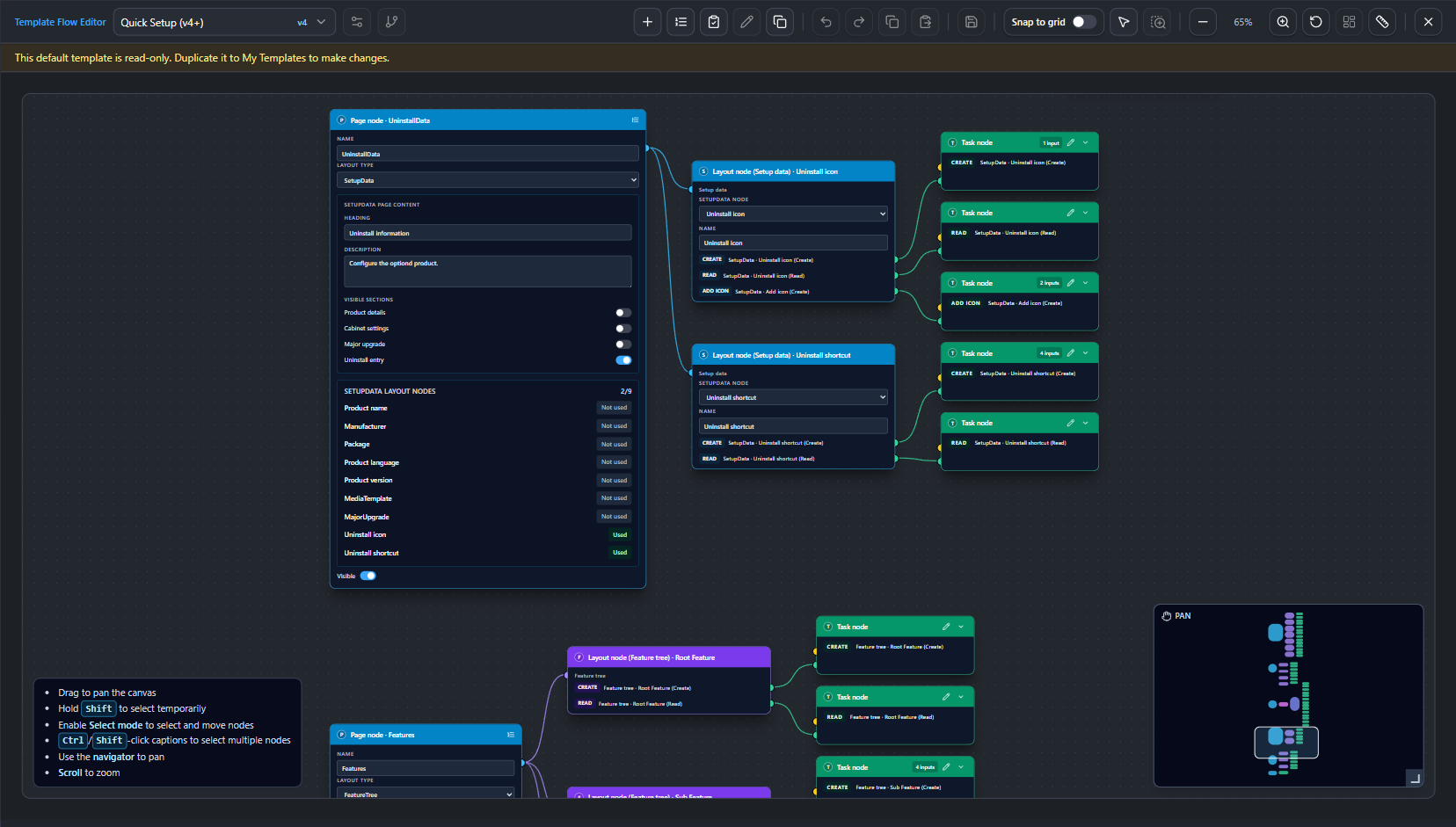 WixPie Template Flow Editor met verbonden Page-, Layout- en Task-knopen op een donker canvas