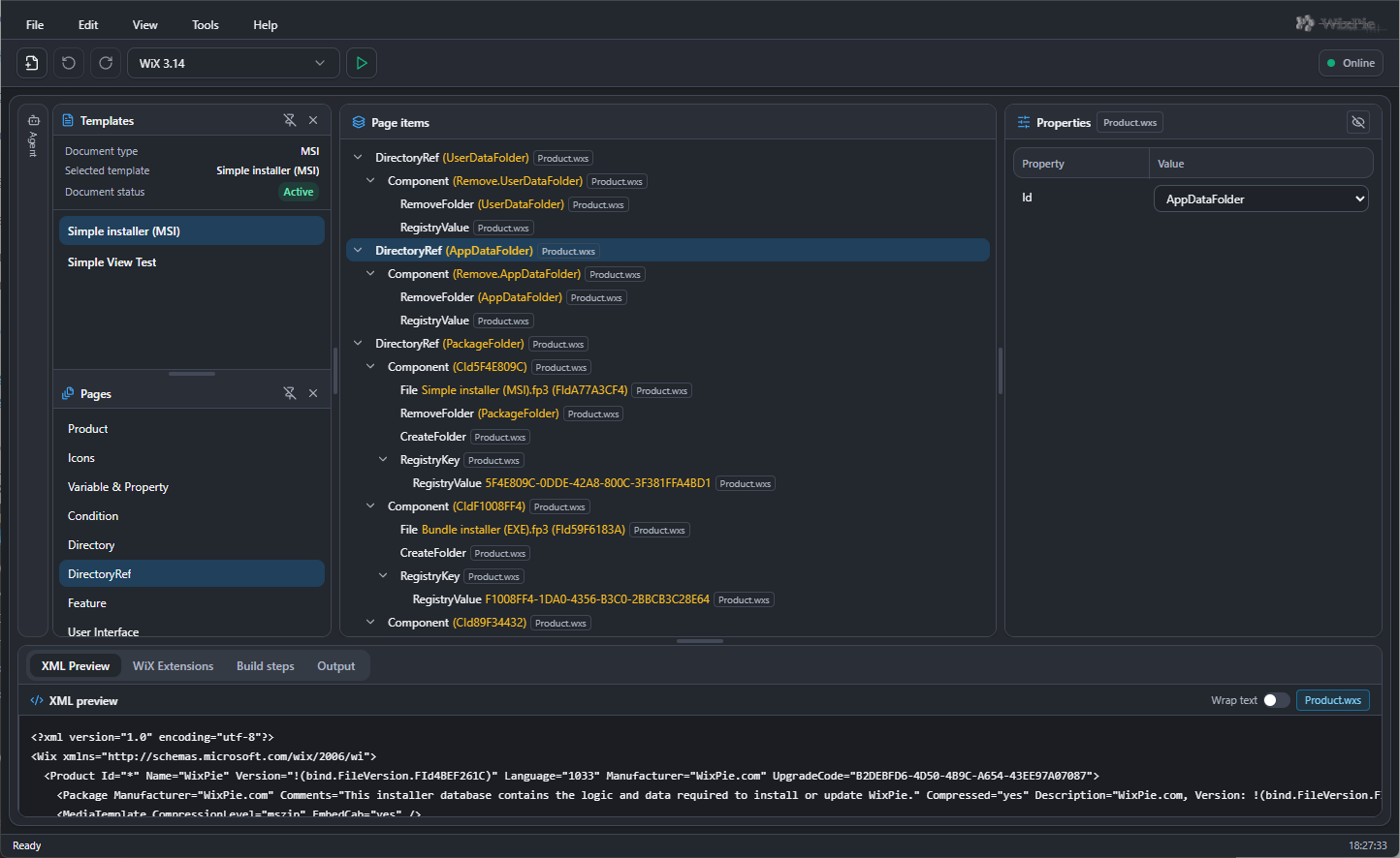 WixPie Online workspace with installer pages, editable properties and an XML preview